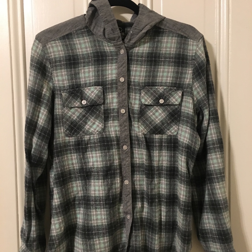 Button up flannel with a hood